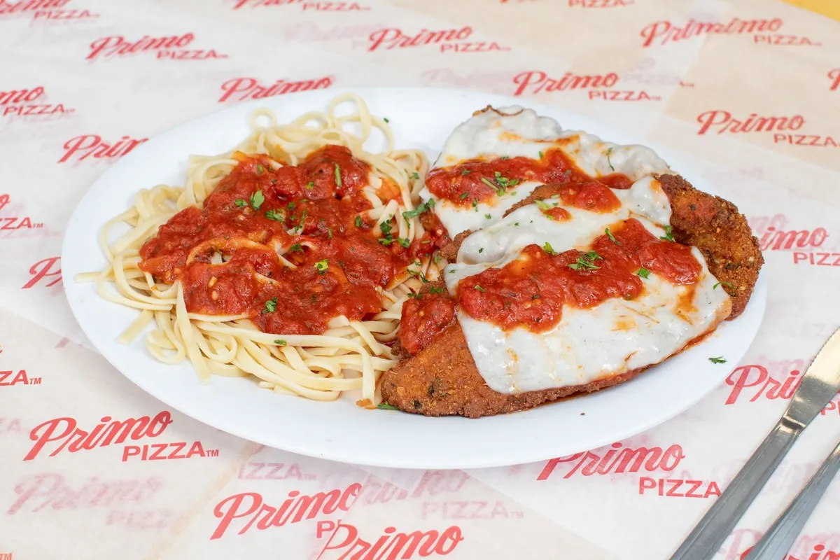 Chicken parm over spaghetti